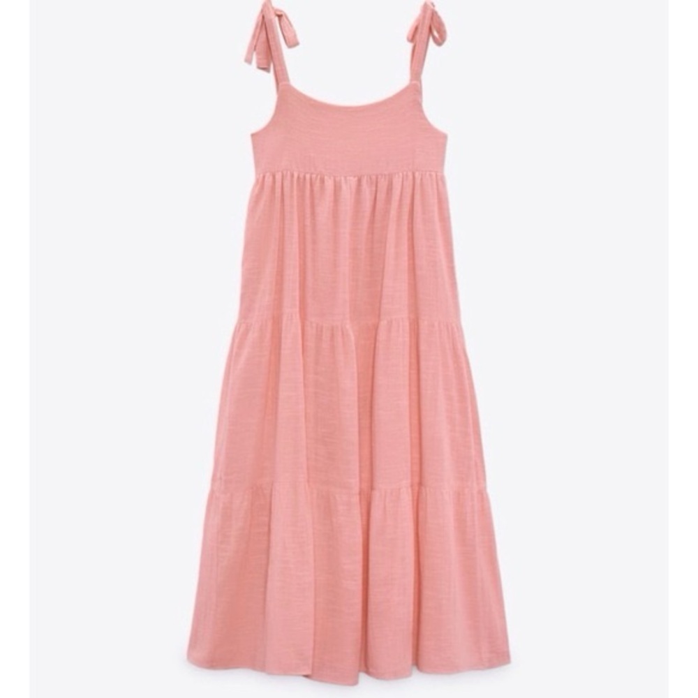 ZARA‎ Pink Tiered Midi Dress Adjustable Tie Straps Boho Medium